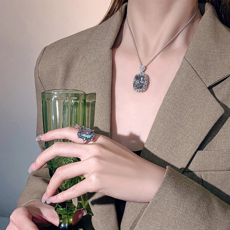 Gray Topaz Honeycomb Pendant Necklace and Ring Set for Women