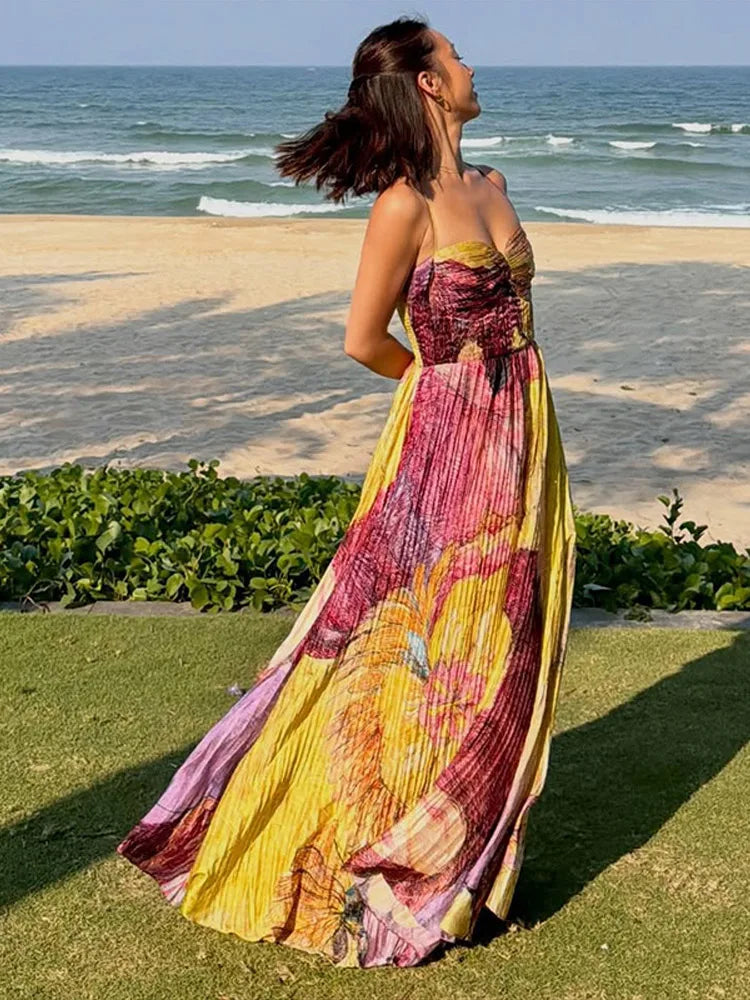 Elegant Floral Print Pleated Floor Length Dress For Women