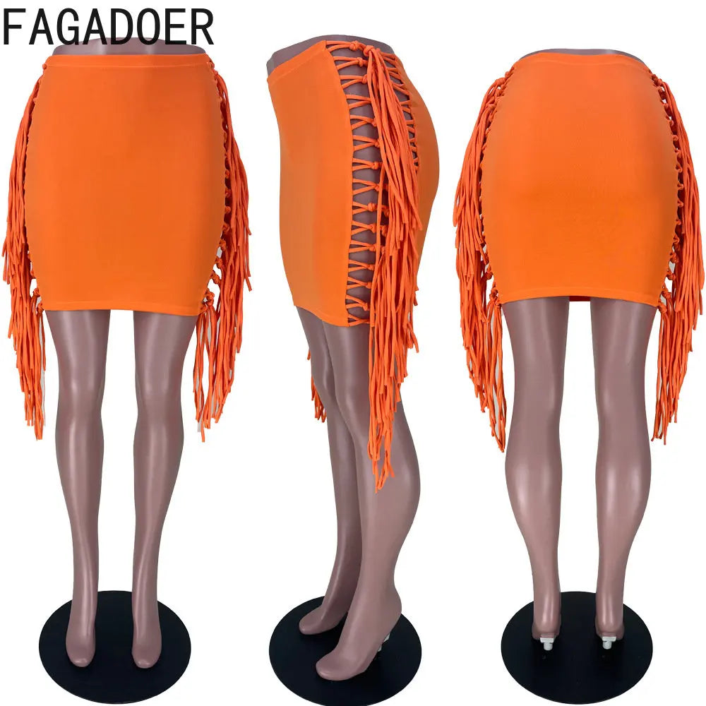 FAGADOER Sexy Tassel Bodycon Mini Skirts Party Club Outfits Women Fashion Chic Streetwear Short Birthday Holidays Skirt Solid