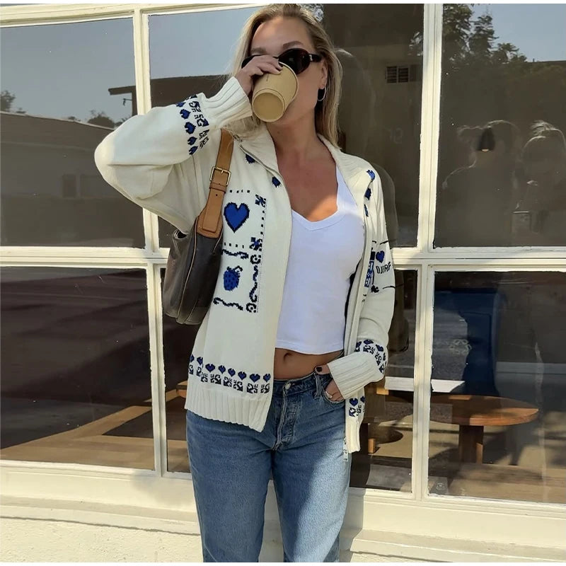 Blue Jacquard Stand Collar Zipper Cardigan for Women