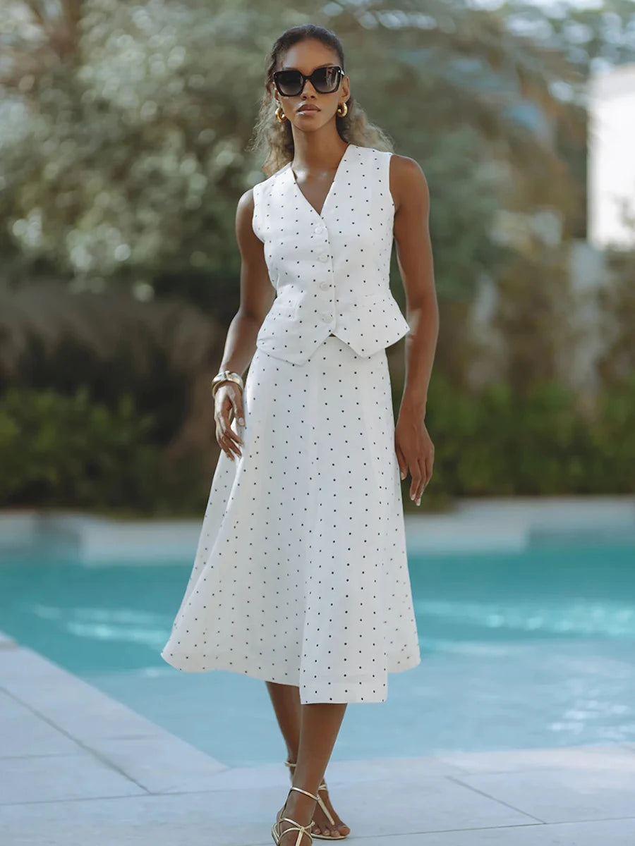 Elegant Polka Dot V Neck Sleeveless Two Piece Set For Women