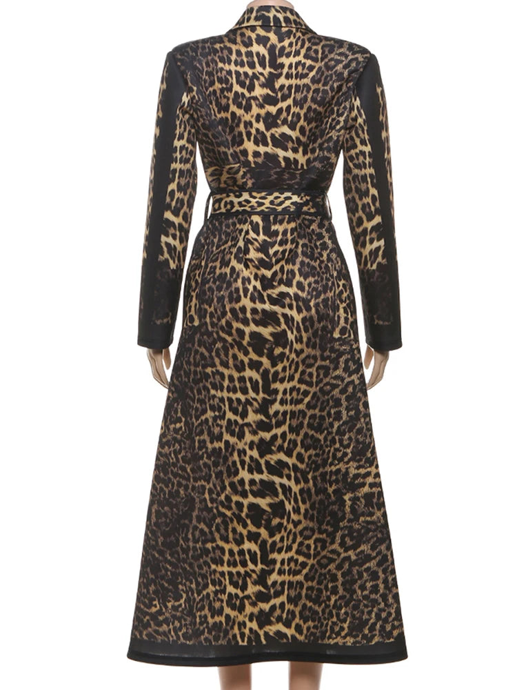Cutemew Trench Leopard Print Coat Women Hipster Fall Warm Lapel Neck Full Sleeve Coquette Street Adjustable Belt Lady Outwear