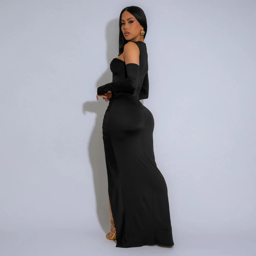 Joskaa Elegant Metal Decoration Hollow Birthday Dress Woman Sexy Irregular Full Sleeve High Split Maxi Dresses 2025 Clubwear