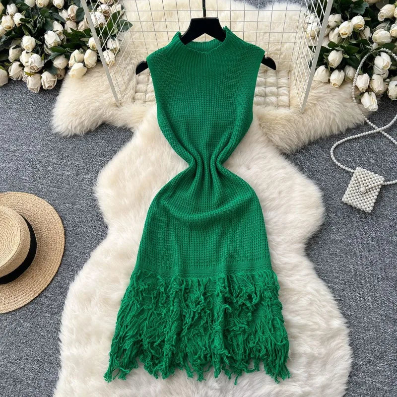 Elegant Round Neck Sleeveless Tassel Hem Bodycon Mini Knitted Dress for Women