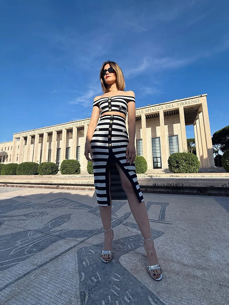 Striped Off Shoulder Sleeveless Two Piece Set For Women