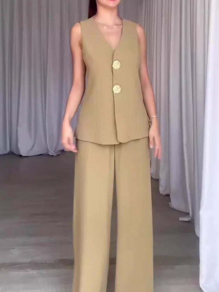 Women Summer Cardigan Top Chic Outfit, Solid Patchwork Wide Leg Pants Matching Sets, Sleeveless V Neck Ladies Suits Streetwear