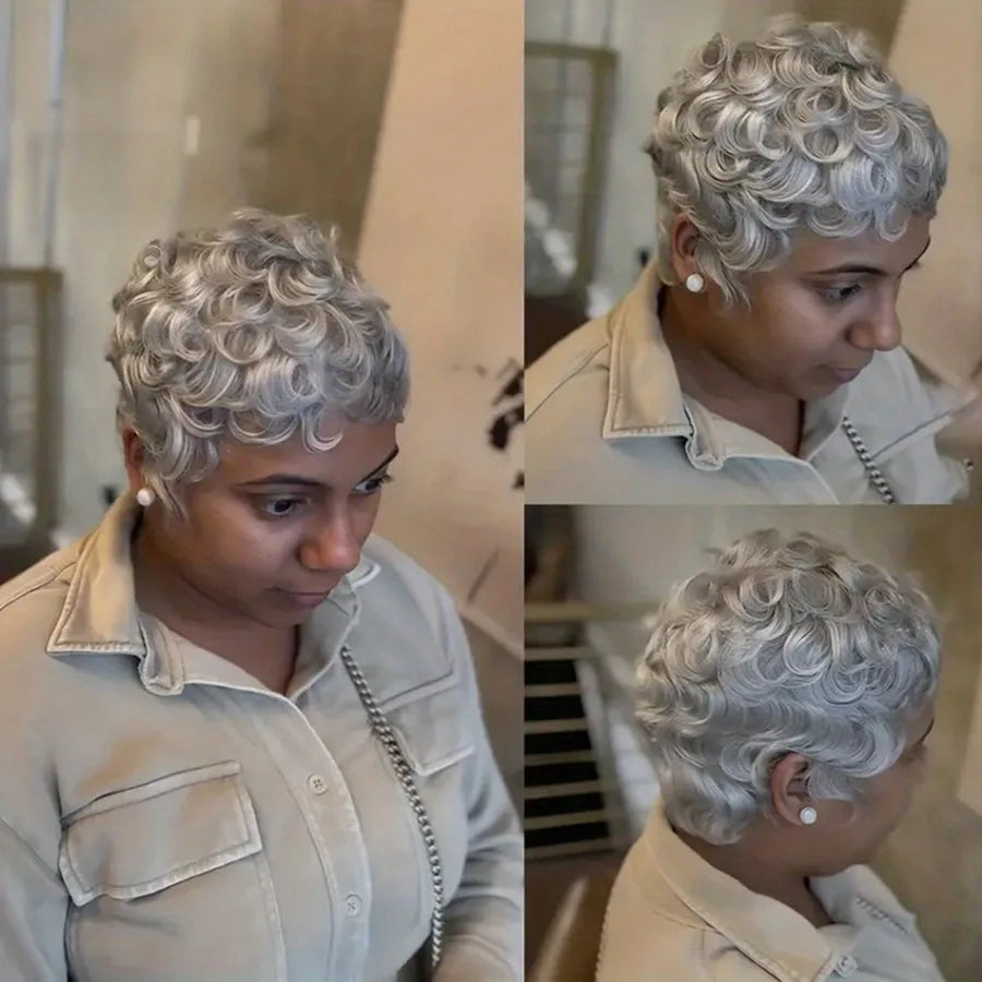 Natural Gray Loose Curly Pixie Cut Human Hair Wig For Women