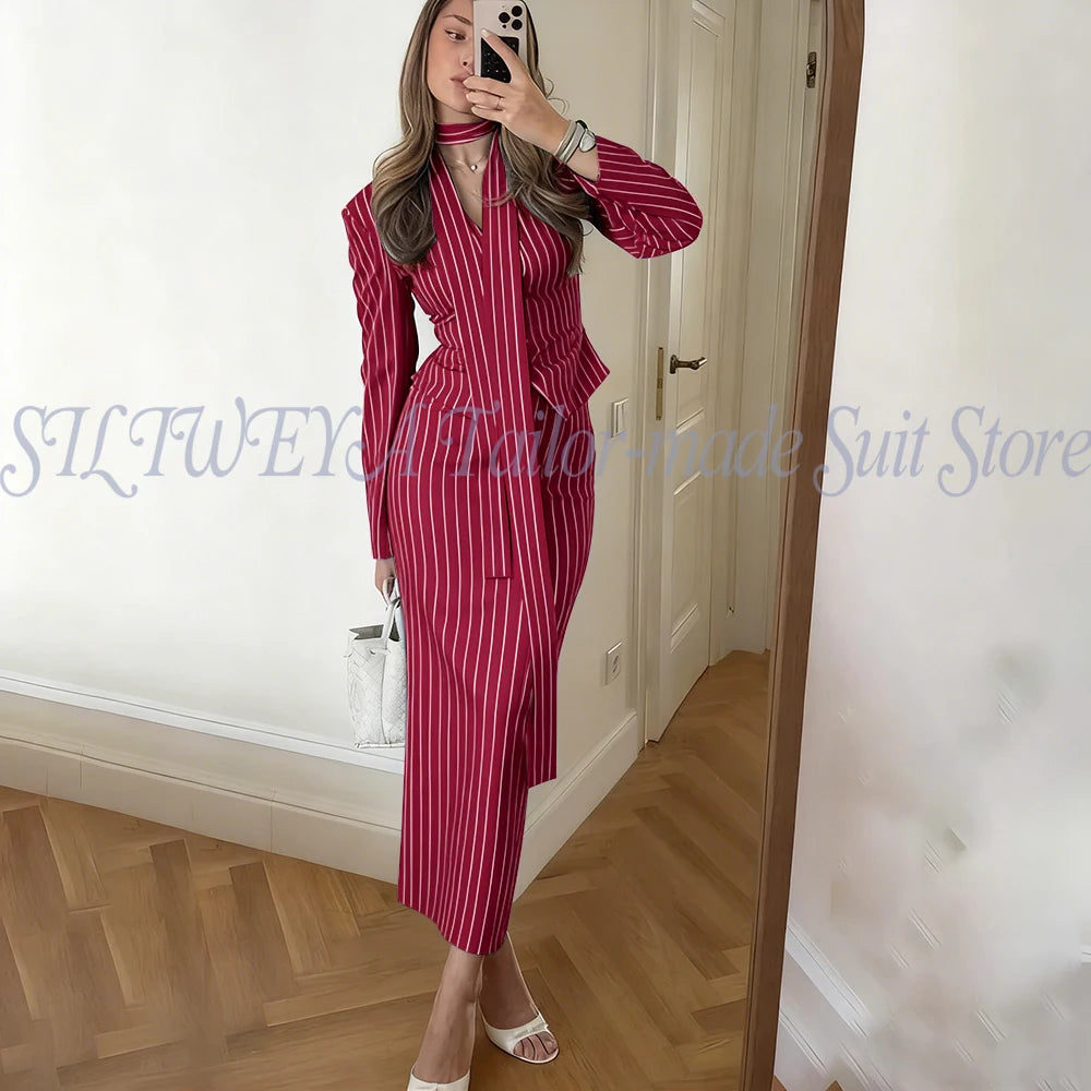 Single Breasted Blue Striped Blazer Skirt Set for Women