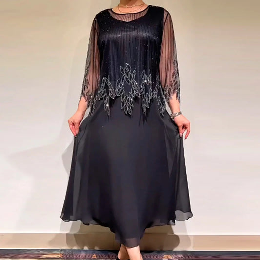 Lady O Neck Mesh Patchwork Loose Dress Autumn Vintage Embroidery Solid Color Party Dress Casual High Waist Commuting Long Dress