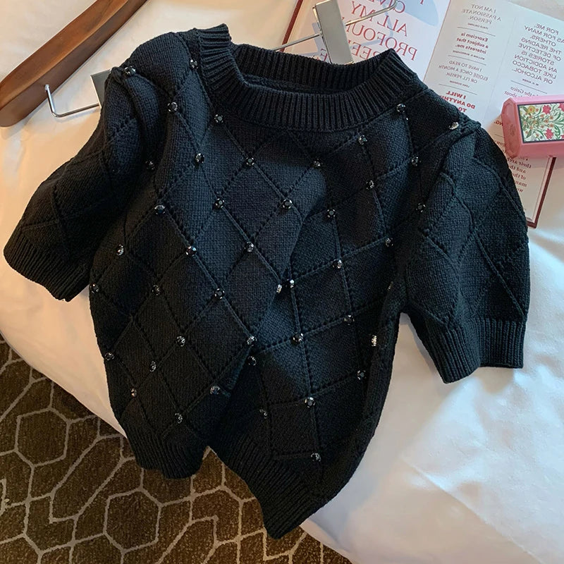 Vintage Knit Short Sleeve Cropped Sweater for Women