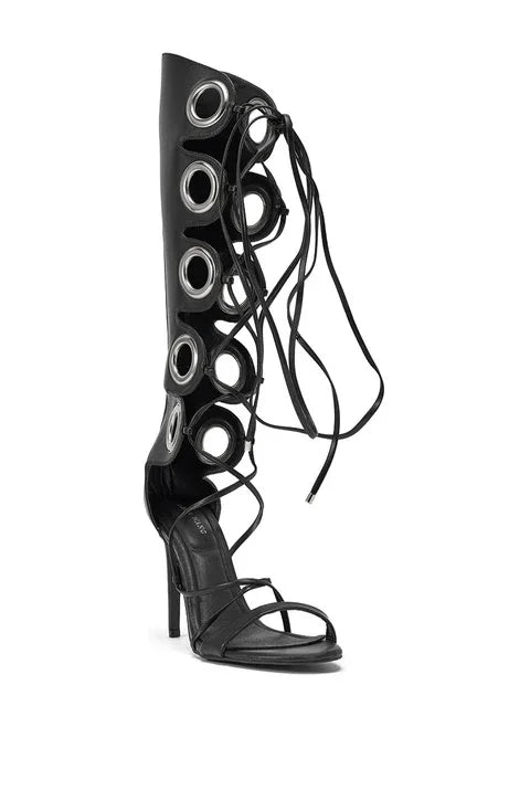 Versatile Casual High Heel Lace-Up Sandals with Circle Ring Decor Toe for Women