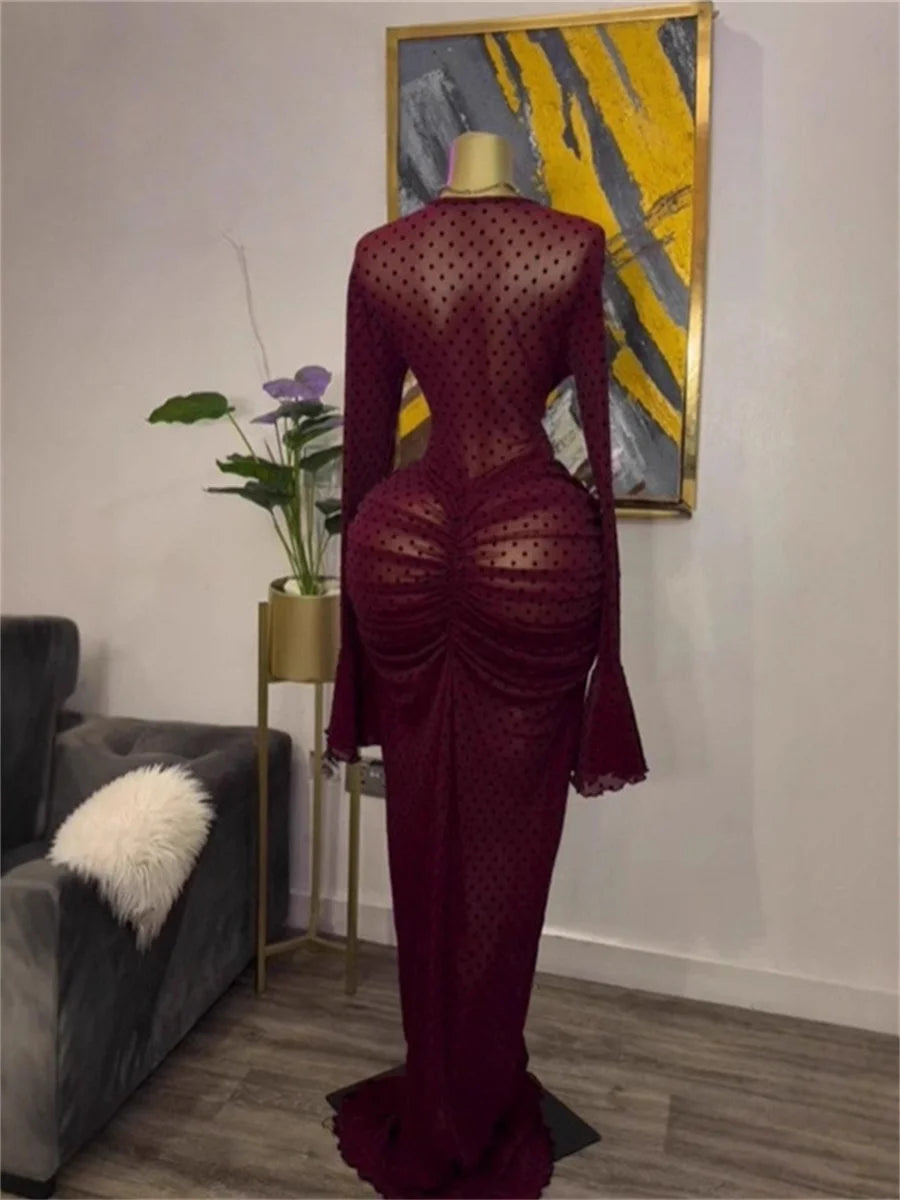 Dotted Strap Maxi Dress With Ruched Sleeves for Women