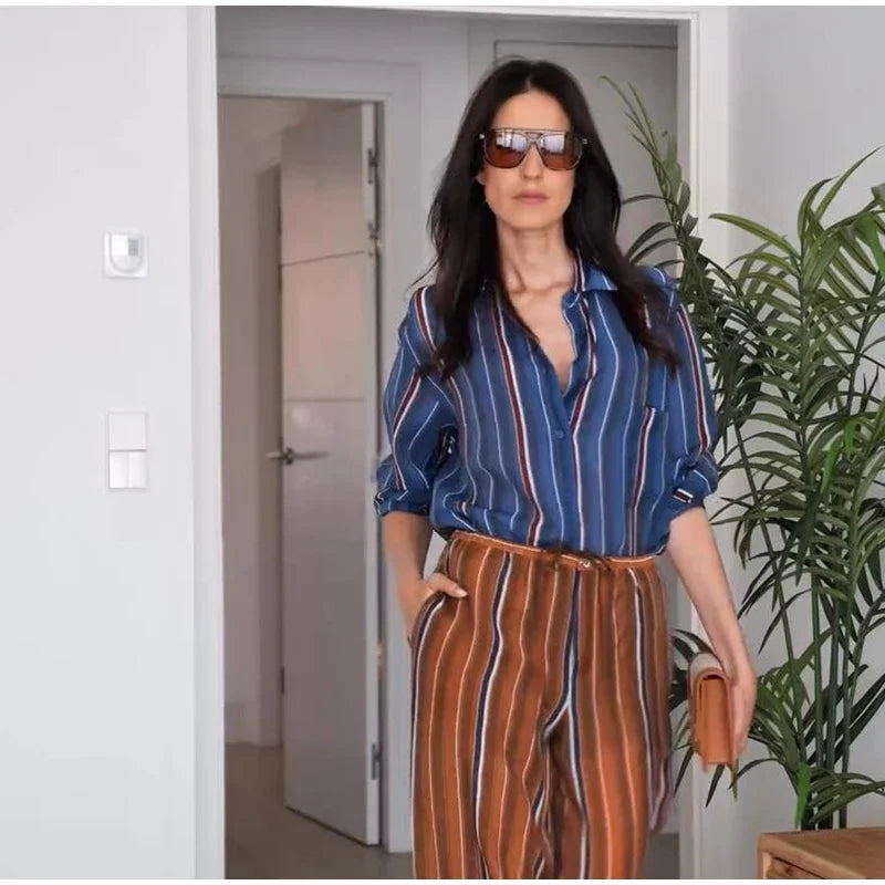 Geometric Printed Wide Leg Loose Pants Set for Women