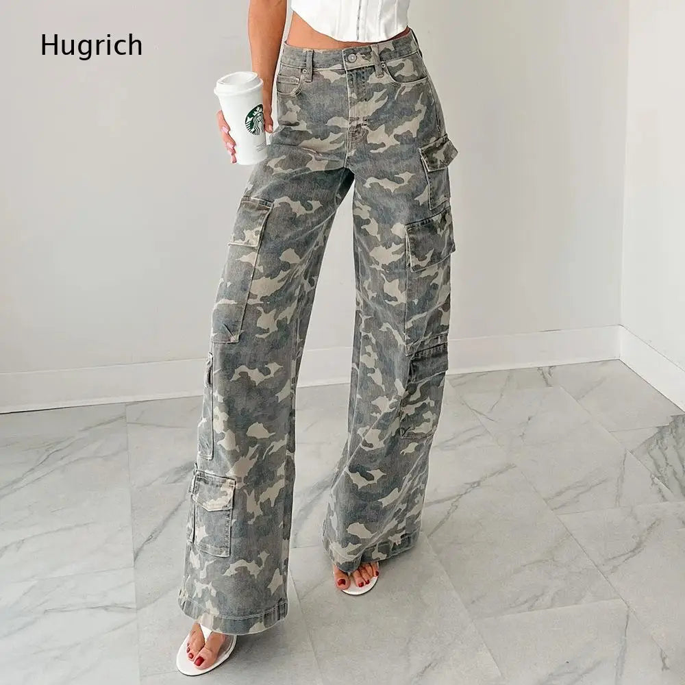 High Waist Camouflage Wide Leg Cargo Pants for Women
