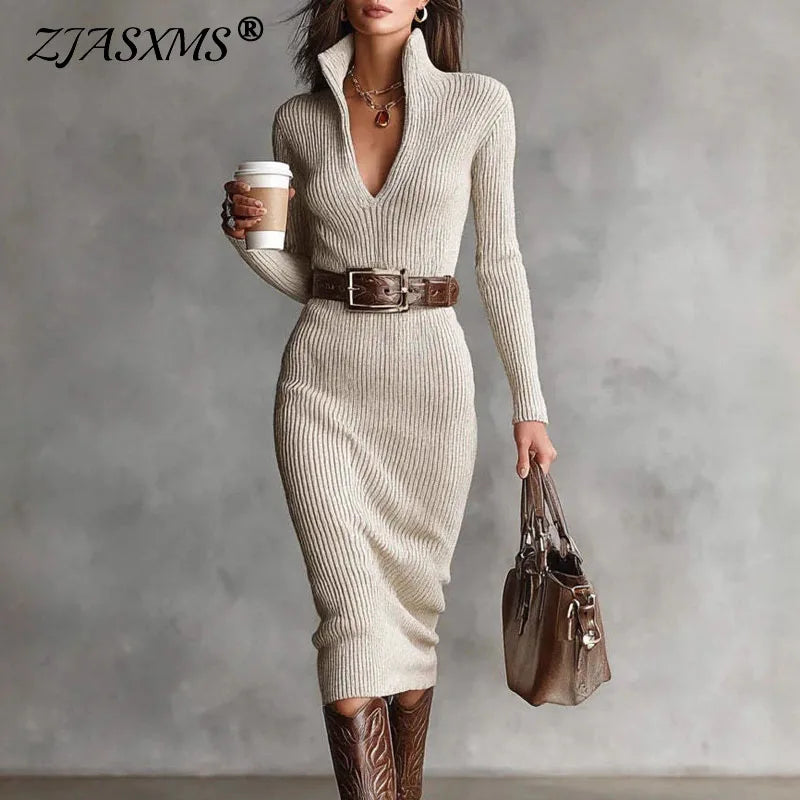 Ribbed Knit Deep V Neck Long Sleeve Sweater Dress for Women