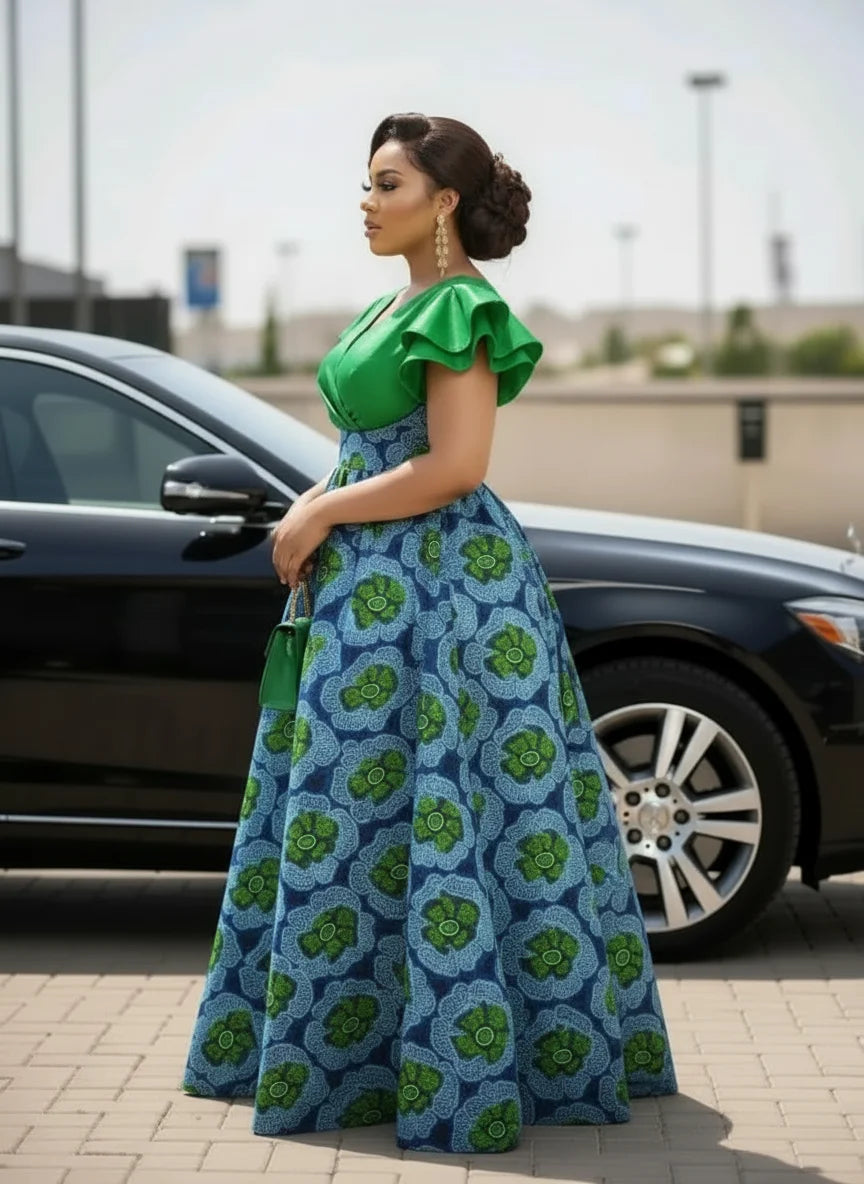 Plus Size V Neck Ruffle Short Sleeve Patchwork Print Maxi Flare Dress For Women Wedding Guest Daily Party Occasions