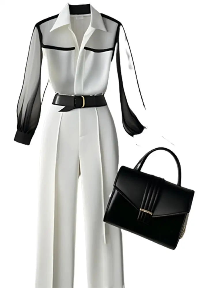 White Loose Tailored Trousers and Blouse Set for Women
