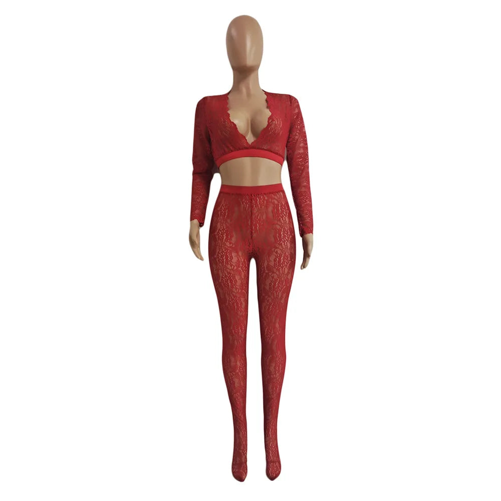 Lace Sheer Two Piece Set With Deep V Crop Tops for Women