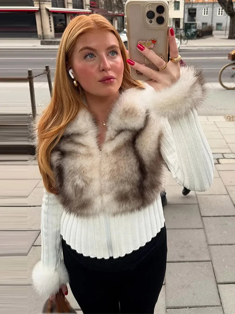 Cozy Luxe Faux Fur Patchwork Knit Cardigan for Women