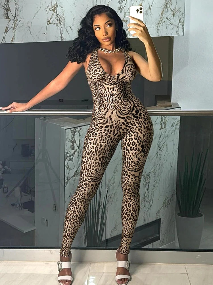 Leopard Print Sleeveless Jumpsuit with Stretch for Women