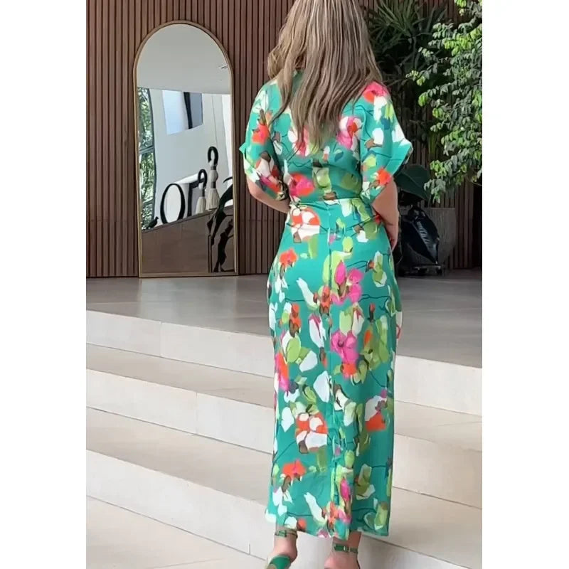 Printed Button Front Ankle Length Shirt Dress with Belt for Women