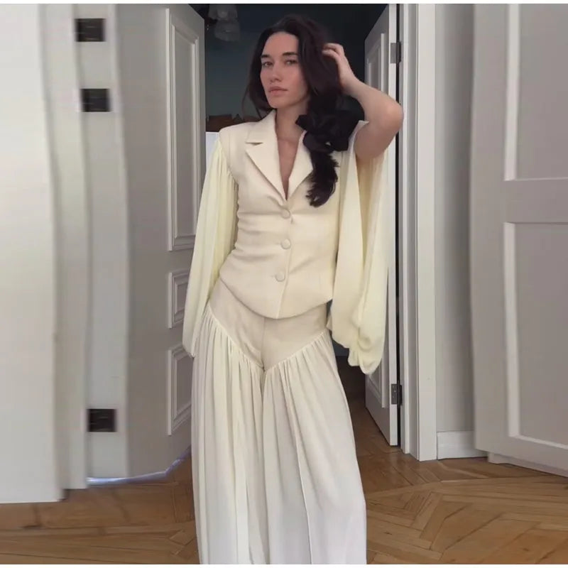 Tailored Lapel Jacket and Pleated Trousers Set for Women