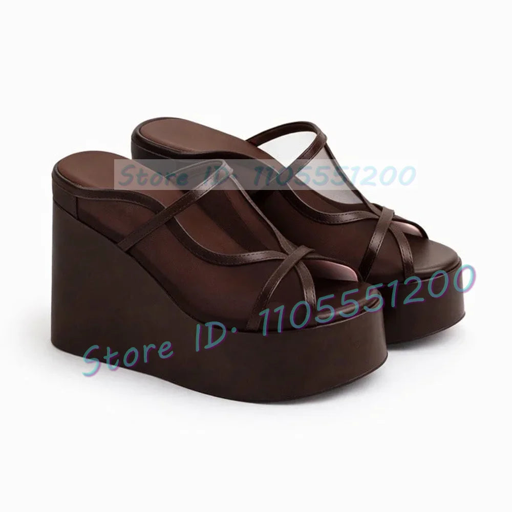 Brown Double Strap Mesh Peep Toe Wedge Sandals for Women