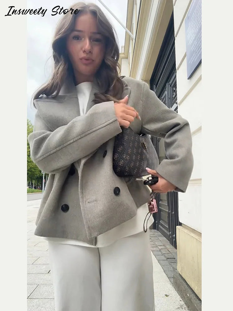 Double Breasted Cropped Jacket With Turn Down Collar for Women