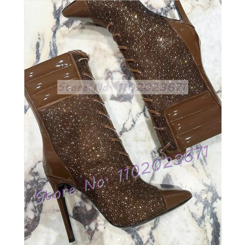 Crystal Paneled Patent Ankle Boots Women Fashion Cross Tied Pointy Toe High Heels Shoe Sexy Ladies Chocolate Brow Back-zip Boots