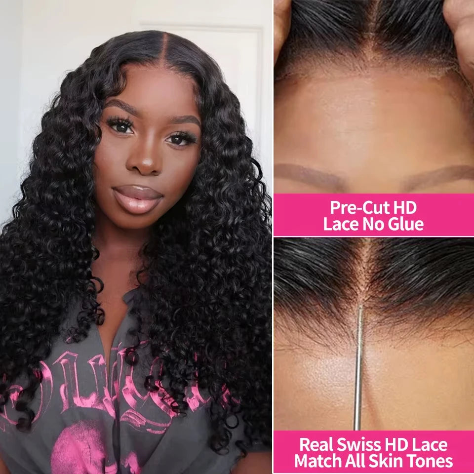 Deep Wave Wear & Go Glueless Pre-Cut Lace Wig Pre-Plucked Natural Black Water Wave Glueless Wig Curly Human Hair Wigs For Women
