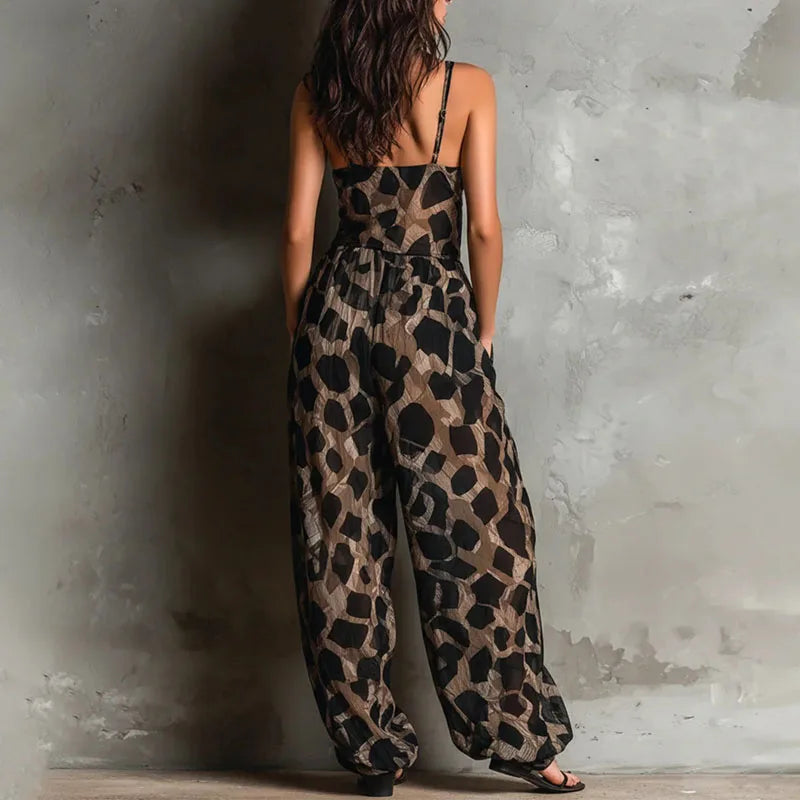 Leopard Print Tie Front Wide Leg Jumpsuit for Women