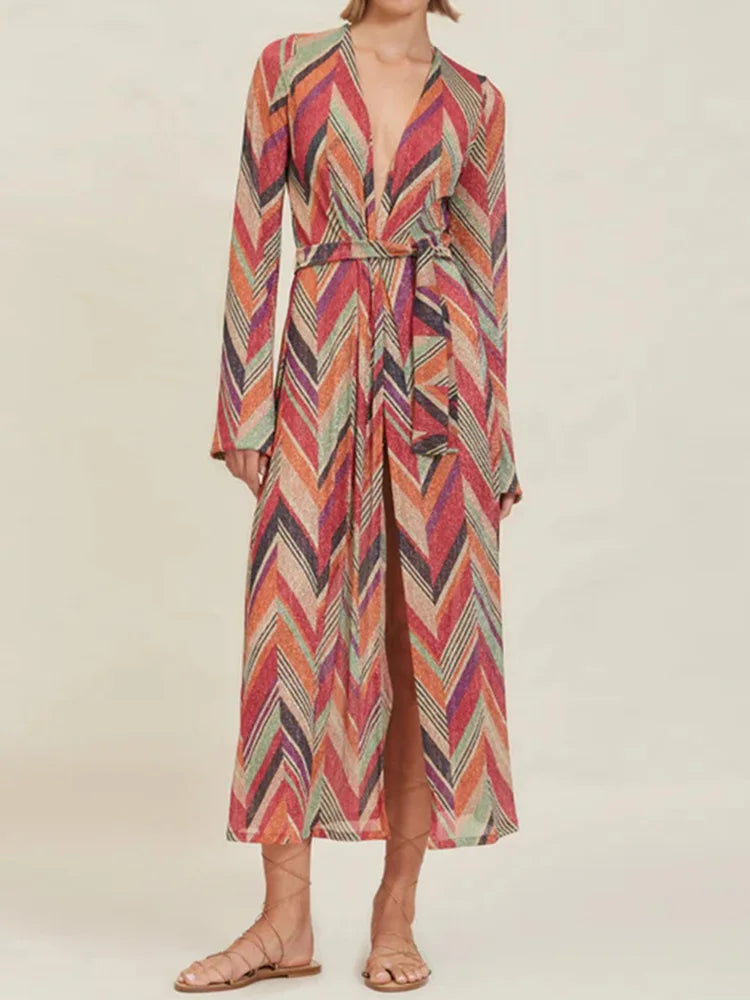 Printing Patchwork Fashion Two Pieces Outfit, Women Spring Summer V Neck Long Lacing Up Coat Set, 2025 Wide Leg Pants Lady Suits