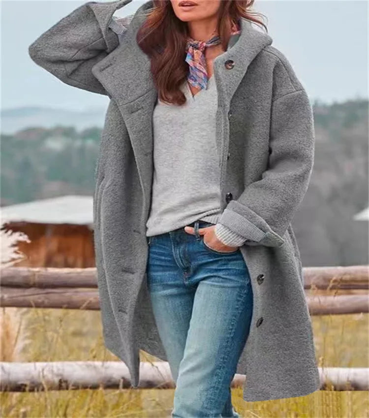 Oversized Hooded Casual Solid Color Wool Blend Coat for Women