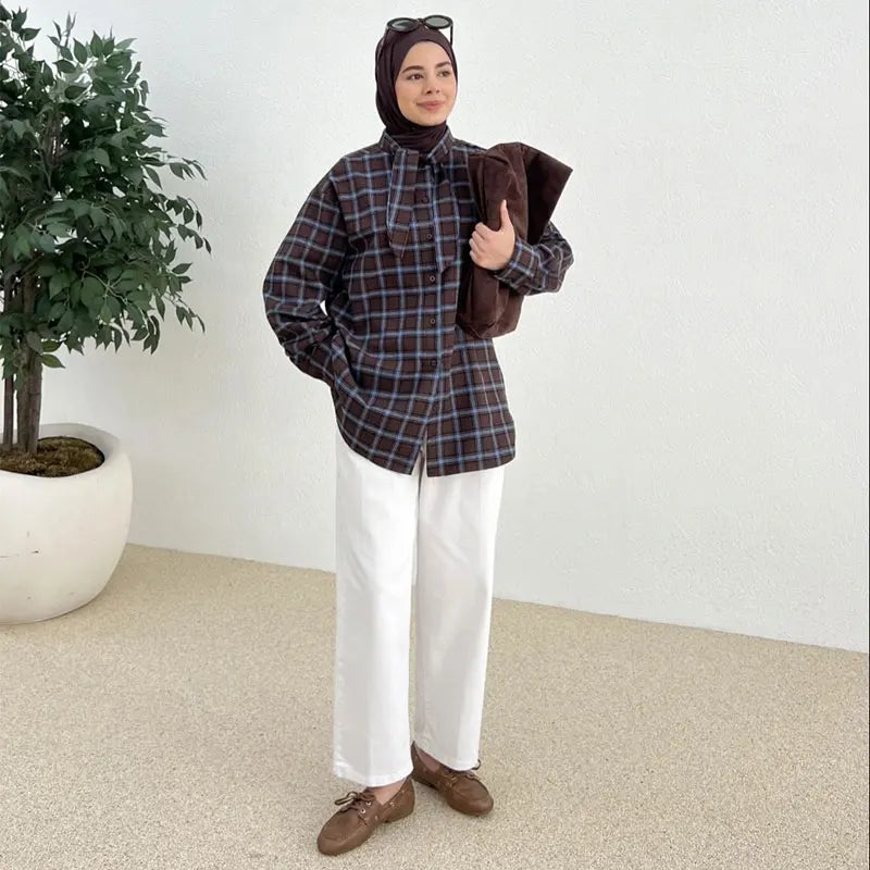 Elegant Plaid Patchwork Long Sleeve Shirt for Women