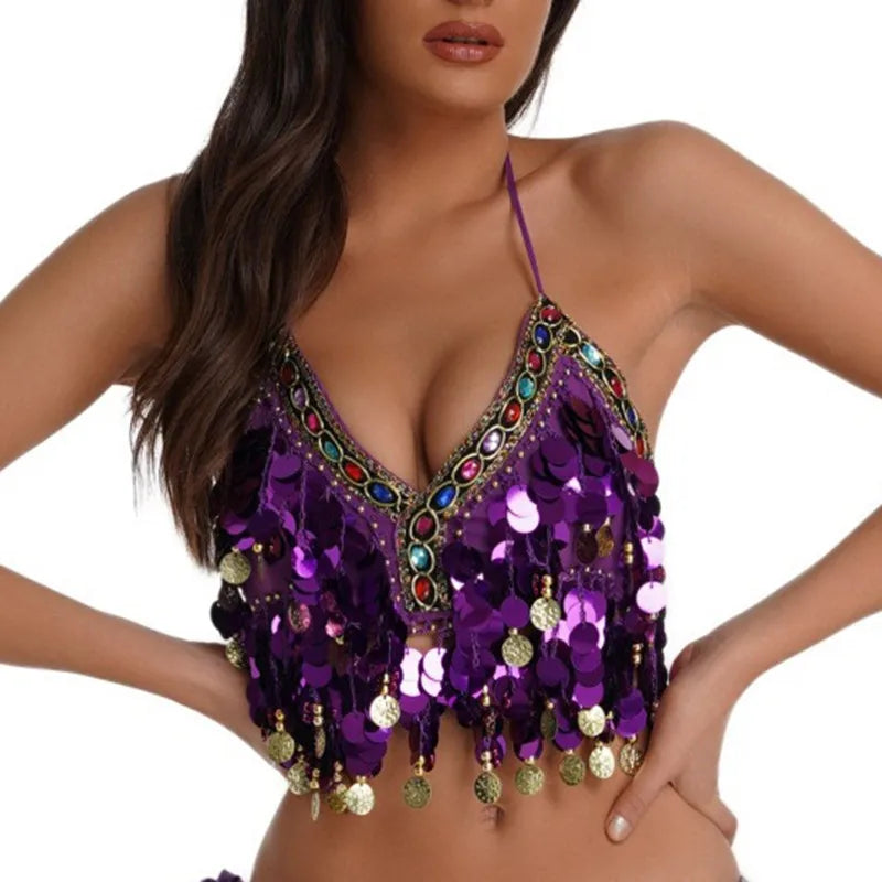 Shiny Colored Sequin Diamond Halter Crop Top for Women