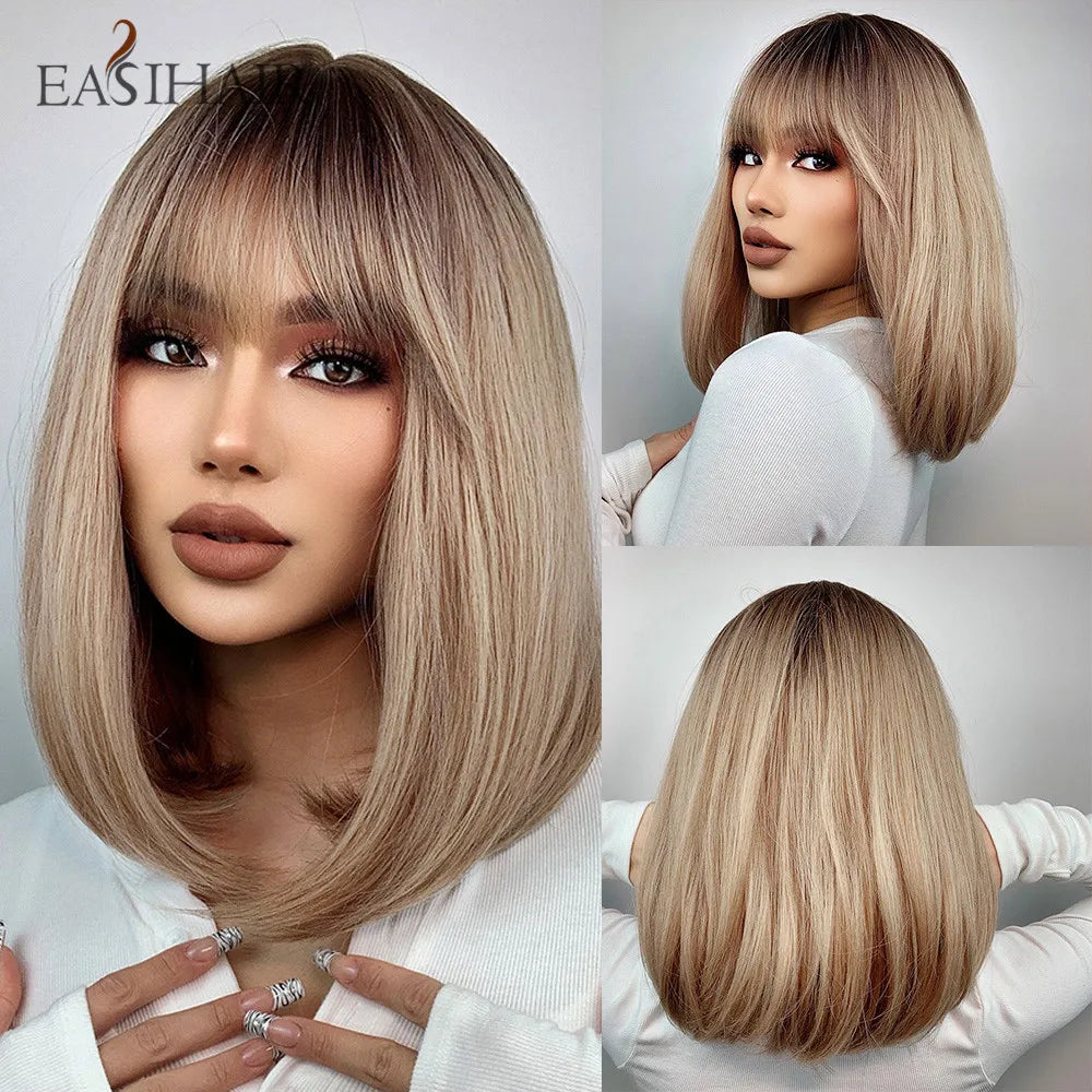 Light Blonde Bob Wig With Bangs for Women Heat Resistant