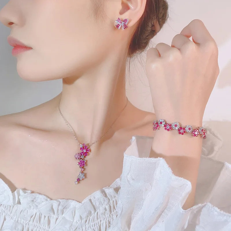 Vintage Blue Floral Zircon Necklace and Bracelet Set for Women