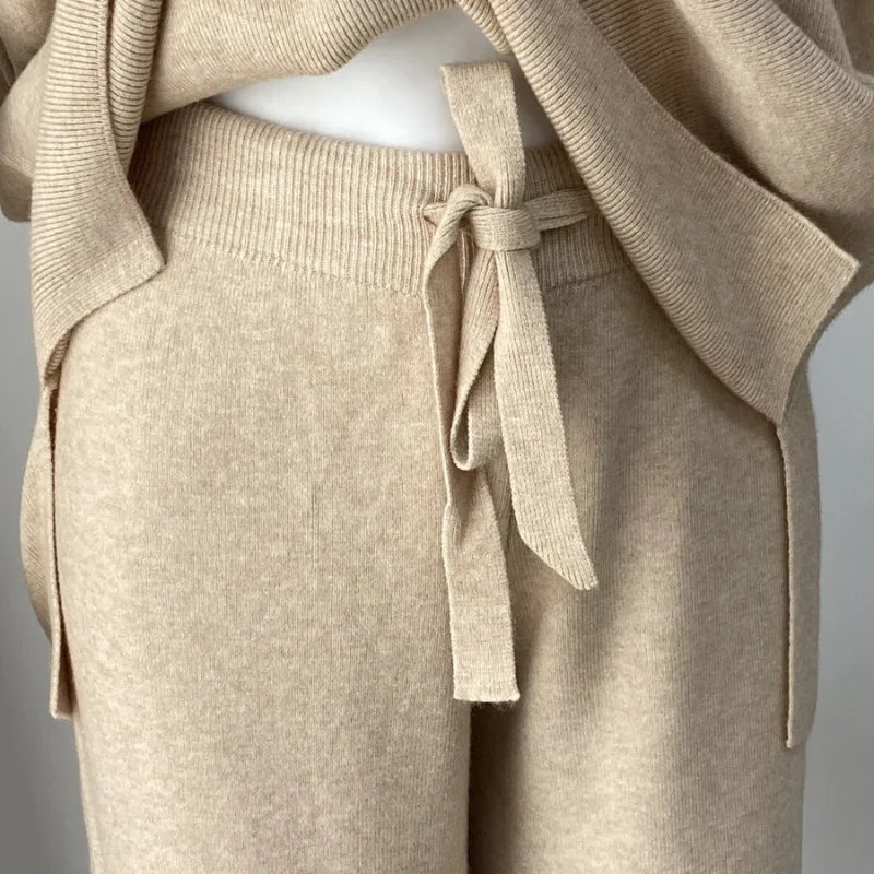 Solid Turtleneck Sweatshirt Set With Wide Leg Pants for Women