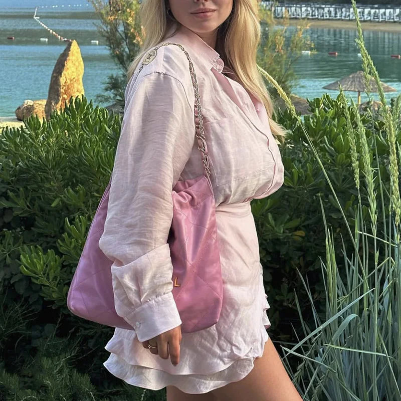 Casual Tie Up Mini Skirt Outfit 2025 Summer New Seaside Beach Sunscreen Suit Holiday Long Sleeve Single Breasted Shirt Women Set