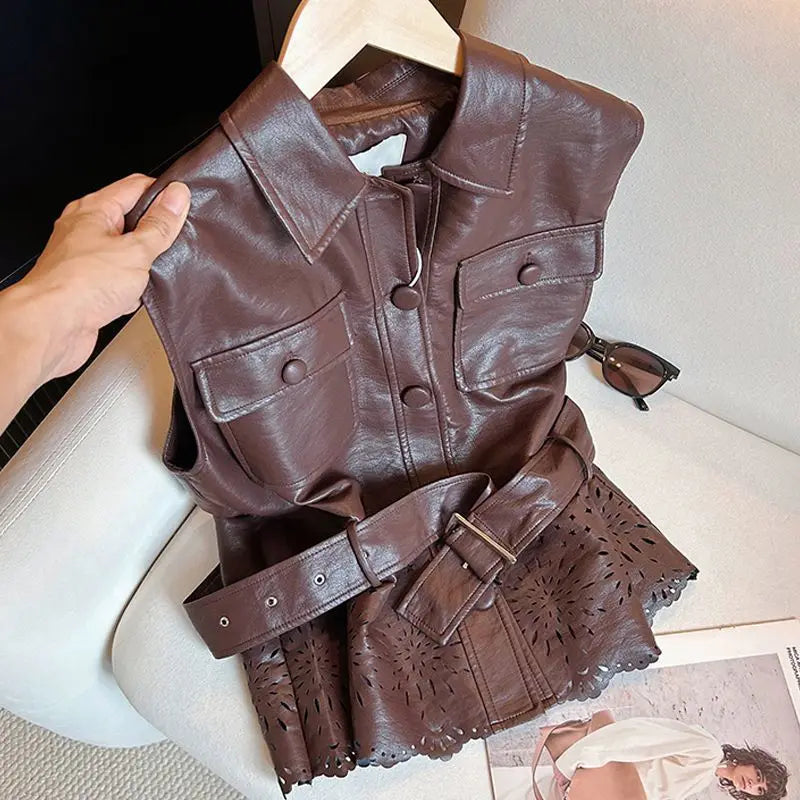 Retro Lapel Belted Leather Sleeveless Vest for Women