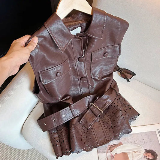 Belted Faux Leather Sleeveless Vest