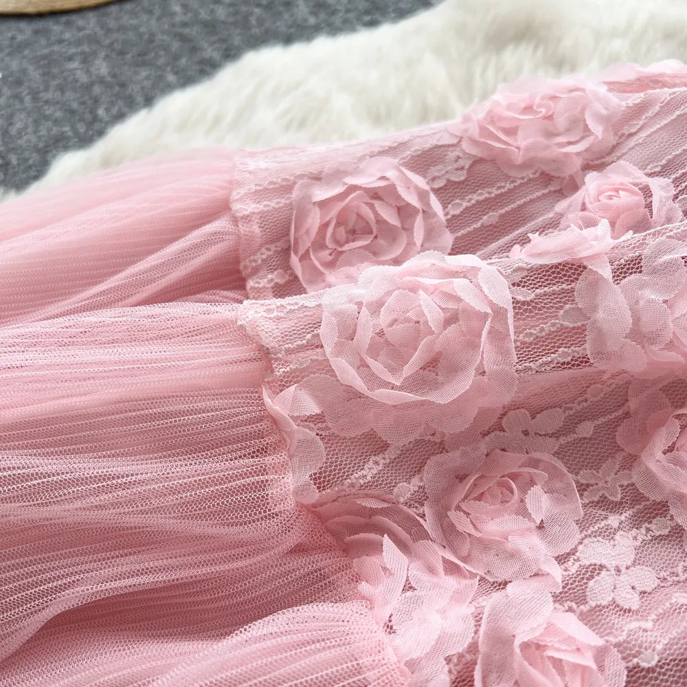 3D Floral Lace Camisole and Pleated Skirt Set for Women
