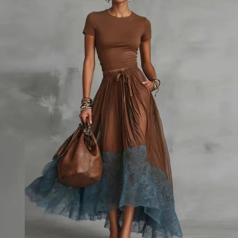 Women's Fashion Drawstring Elasticity Slim 2Pc Set Elegant Pocket Draped Long Skirt Suit O-neck Crop Top & Lace Hem Skirt Outfit