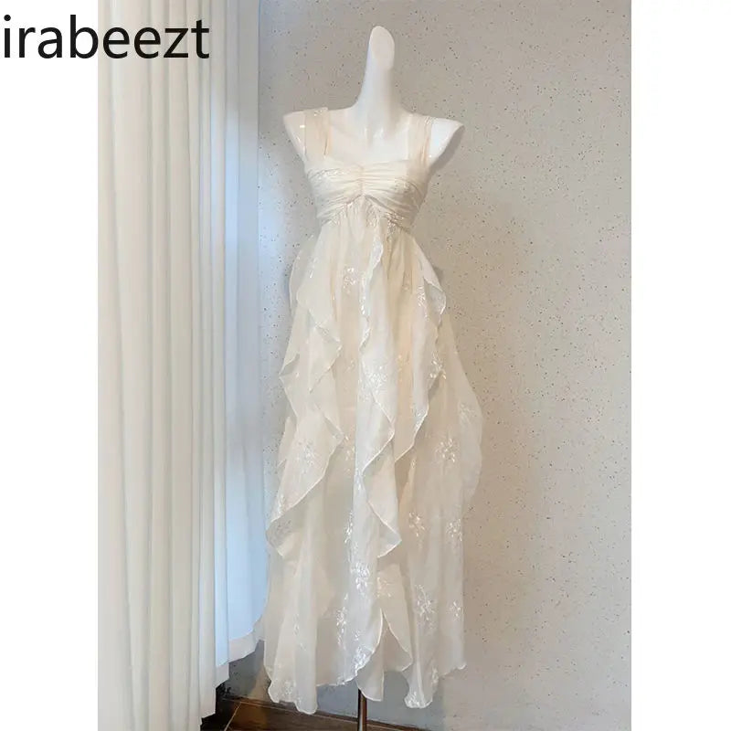 White Lace Vintage Floral Ruffle Sundress For Women