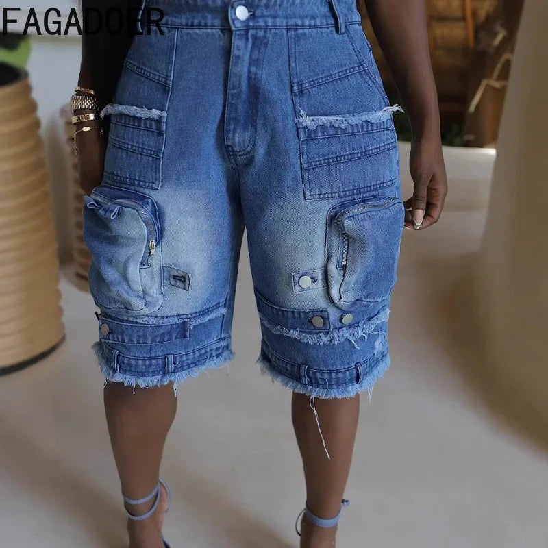 FAGADOER Fashion Pocket Cargo Patchwork Denim Pants Woman Solid Color High Waist Jeans Shorts Female Streetwear Bottoms 2025 New
