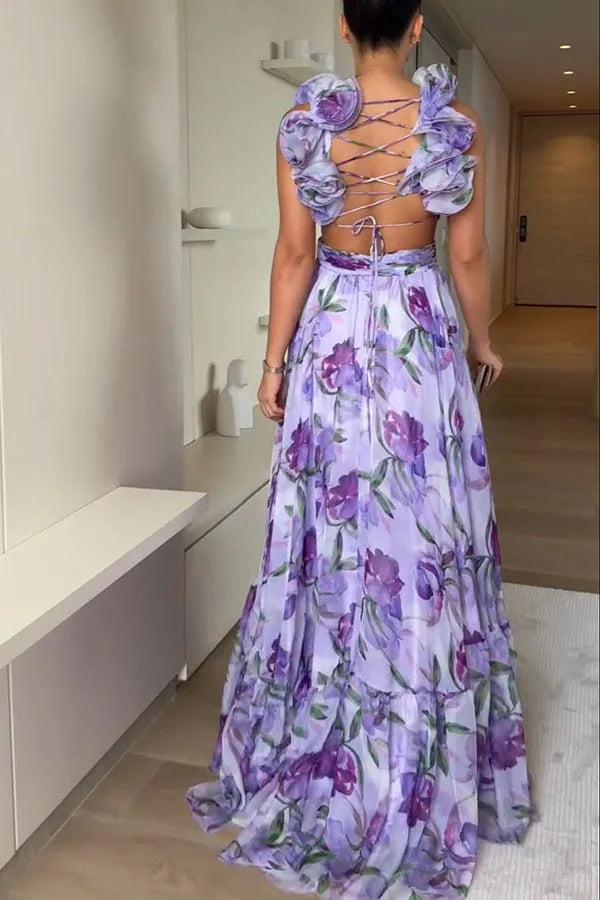 2025 Sexy Printed Chiffon Long Dress Summer Fashion Elegant V Neck Ruffles Edge Slim Vacation Sleeveless Backless Party Dresses