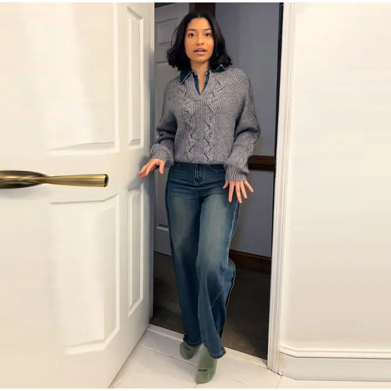 Long Sleeve Denim Collar Half Button Knit Top For Women