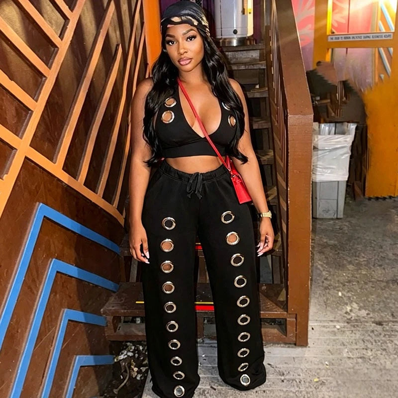 Streetwear Inspired Hollow Out Halter Backless Two Piece Set for Women
