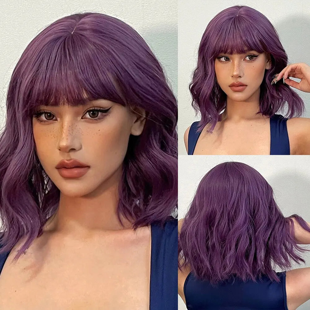 Heat Resistant Short Wavy Bob Wig With Bangs for Women