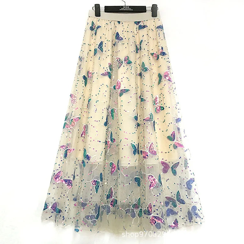 Pink Tulle High Waist Iridescent Sequin Butterfly Embroidery Skirt for Women